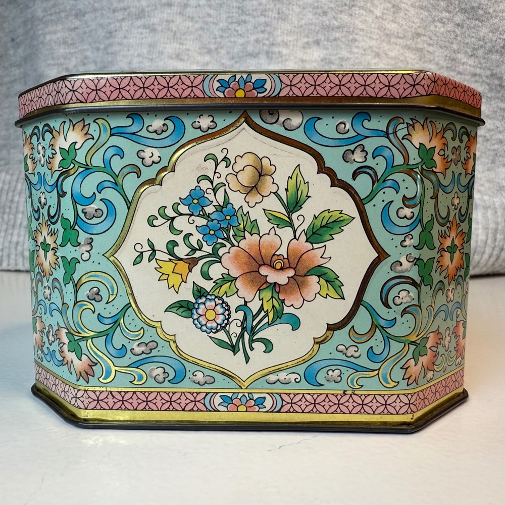 Vintage Daher Floral Tin Octagon Hinged Lid Made in England Turquoise Pink 6x4.5